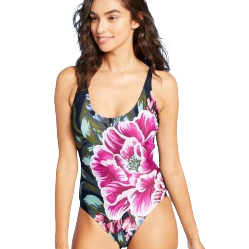 Kona Sol  Women Medium Black Floral Aloha one piec
